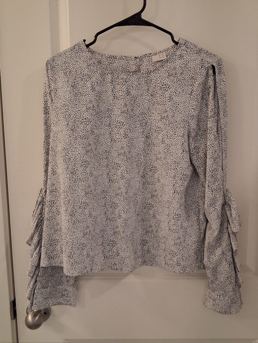 A New Day Black & White Spotted Cold-Shoulder Blouse Ruffle Sleeves - Size M